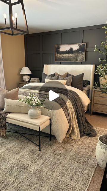 Kelly Bontrager on Instagram: "🍃Moody Bedroom Views…  Comment INFO TO SHOP to get the links to shop sent directly to your inbox.  I changed up my bedroom space and added this gorgeous new 100% linen upholstered bench. I love the x-shaped stretcher bar as it ties in perfectly with my nightstands. It’s super comfy and the perfect size for the end of my bed.  The 20x40 Moody Field of Lace framed canvas art from Brittany @currentlychic works beautifully in this space for summer. Love the dark accents and that warm Briarsmoke stained frame. Use my code FARMTOTABLE for 15% off.  Beautiful quilt & throw from @aandetextilehouse. Both are currently on sale.  Didn’t get the link? You can always shop this reel with the LTK link in my bio or on my @shop.ltk | https://liketk.it/4IpEe ✨✨✨✨✨✨✨✨✨✨✨✨ . . Myles Smith, Modern Transitional Bedroom, Wayfair Bedroom, Transitional Home Design, Bedroom Finds, Velvet Dining Room Chairs, Wall Panel Molding, Moody Bedroom, Shabby Chic Living