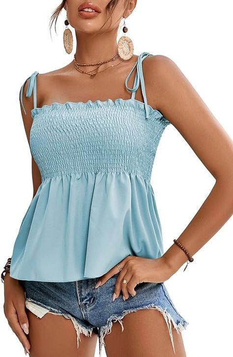 LYANER Women's Tie Shoulder Frill Shirred Ruffle Hem Sleeveless Strappy Cami Blouse Peplum Top at Amazon Women’s Clothing store Tops Bonitos, Holiday Club, Sleeveless Peplum Top, Cami Shirt, Blouse Tank Top, Women's Tie, Pleated Blouse, Straight Dress, Summer Tank Tops