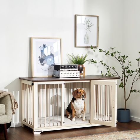 Stylish Dog Crate Furniture for 2 Dogs - 30+ Options - Hey, Djangles. Large Dog Crate Furniture, Double Dog Crate, Wooden Dog Kennels, Wooden Dog Crate, Aesthetic Dog, Dog Crates, Crate Mat, Large Dog Crate, Dog Crate Furniture