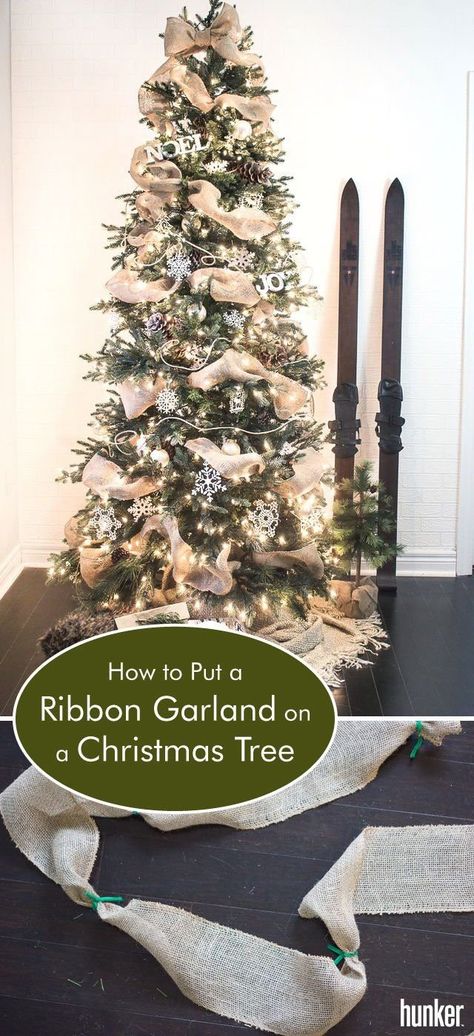 Word Garland On Christmas Tree, Tulle Garland Christmas Tree, Using Burlap On Christmas Tree, Christmas Tree With Tulle Garland, Ribbon Down The Christmas Tree, Real Christmas Tree Ribbon, Tree Garland Ribbon, Burlap Ribbon Christmas Tree Easy Diy, How To Add Beaded Garland To Christmas Tree