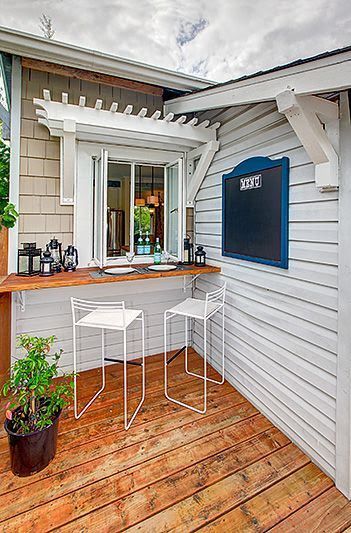 Building a bar on your deck that connects to the kitchen window is a brilliant way to get drinks and food pronto! Kitchen Window Bar, Window Bars, Bar Exterior, Best Modern House Design, Back Deck, Bedroom House, Home Plans, Kitchen Window, Order Up