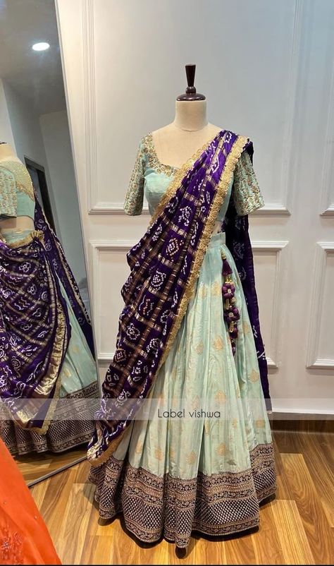 Bandhini Half Sarees, Purple Lehanga Outfit, Bandini Lehangas, Bandhini Lehanga Designs, Dark Blue Lehenga Combination, Silk Lehnga Outfit, Birthday Outfit Traditional, Bandini Lehenga Designs, Bandhani Half Saree