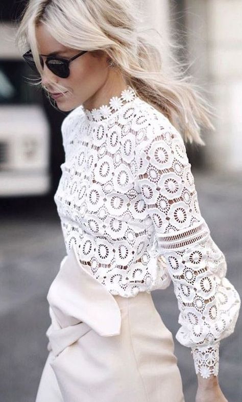 Casual White Shirt, Top In Pizzo, Twisted Skirt, Lace Blouse Long Sleeve, White Lace Blouse, Lace Top Long Sleeve, White Lace Top, Fashion Top, Spring Shirts