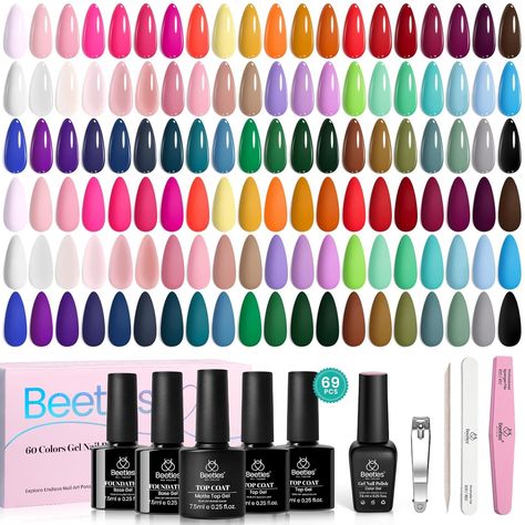 PRICES MAY VARY. Beetles 60 Color Gel Set: With the beetles gel nail polish set, you get 60 classic and fashionable colors , 2 x 7.5ml gel base coat and 2×glossy & matte Top Coat, 1 x Nail Buffer , 1 x Nail File, 1 x Nail Clipper , 1 x Cuticle Stick, to suit all occasions and seasons. Whether it's a casual day, a gathering with friends or a ceremonial event, these beetle gel nail polish colors can match any look you wear. Long-lasting Shine and Durability: The beetles gel nail polish texture app Gel Nail Polish Colors Set, Beetles Gel Nail Kit, Trendy Nail Polish, Gel Nail Polish Colors, Soak Off Gel Nails, Matte Top Coat, Gel Set, Gel Nail Kit, Nail Stuff