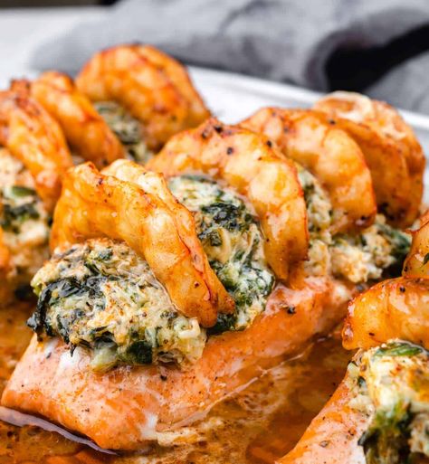 Shrimp Stuffed Salmon, Crab Stuffed Salmon, Seafood Ideas, Crab And Shrimp, Shrimp Stuffed, Stuffed Salmon, Seafood Dish Recipes, Graduation Dinner, Crab Stuffed Shrimp