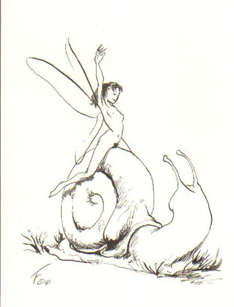 Fairy Tattoo Drawing, Snail Drawing Illustrations, Faerie Drawing, Forest Fairy Tattoo, Drawings For Mom, Snail Sketch, Fairy Sketches, Funky Drawing, Snail Drawing