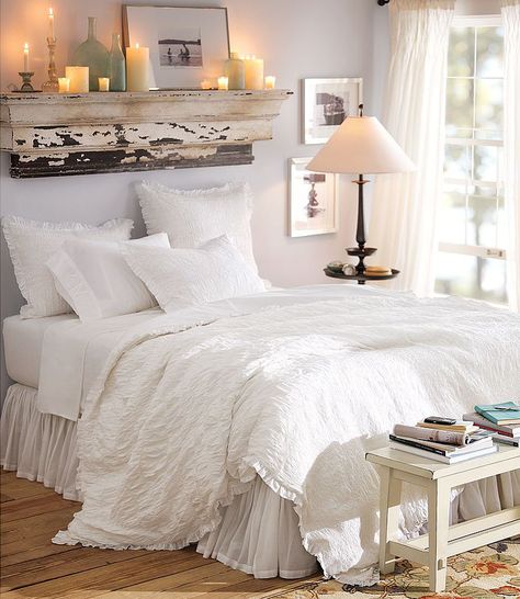 Too feminine, but the re-purposed wood with candles and white linens with a table at the base of the bed are ideas. Creative Headboards, Barn Bedroom, Creative Headboard, Blanket Decor, Bedroom Colours, Over The Bed, White Bed, Shelves In Bedroom, Above Bed