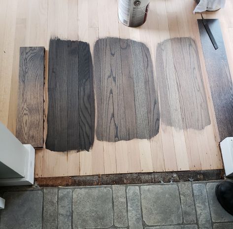 Aged Barrel stain in the middle. Floor samples on the outsides Grey Stained Hardwood Floors, Minwax Aged Barrel Stain On Red Oak, Aged Barrel Stain On White Oak, Minwax Aged Barrel Stain, Aged Barrel Stain On Red Oak, Minwax Aged Barrel, Aged Barrel Stain, Minwax Colors, Floor Stain Colors