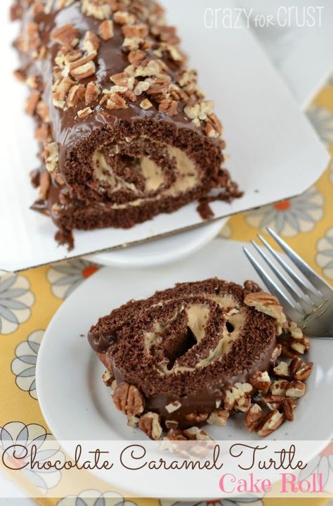 Chocolate Caramel Turtle Cake Roll by www.crazyforcrust... | Chocolate Cake filled with whipped caramel - this is love! #caramel #turtle #cake Whipped Caramel, Turtle Candy, Aesthetic Chocolate, Caramel Ganache, Chocolate Roll Cake, Cake Roll Recipes, Asparagus Recipes, Turtle Cake, Recipes Chocolate