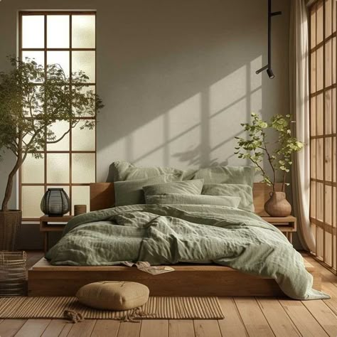 Tranquil Room Decor, Black White Green Brown Interior, Japandi Nyc Apartment, Japandi Interiors Green, Soft Minimalism Interior, Interior Design Bedroom Vintage, Japandi Bedroom, Japanese Bedroom, Japandi Interior Design