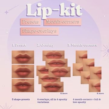 Lip-kit: presets, shape-overlays & mouth-corners | Miiko en Patreon Sims 4 Cc Lip Presets Female, Sims 4 Mouth Crease, Pouty Lip Slider Sims 4, Sims4 Cc Lips Preset, Mouth Corners Sims 4 Cc, Sims 4 Face Features Cc, Sims Mouth Presets, Sims 4 Cc Lips Shape Patreon, Maxis Match Lip Preset