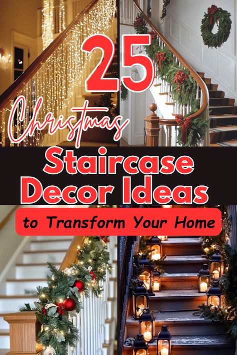 Looking to make your staircase a showstopper this holiday season? Discover 25 creative and festive Christmas staircase decor ideas, including garlands, lights, and unique accents that will bring holiday cheer to your home! #ChristmasDecor #StaircaseDecor #HolidayDecorIdeas #FestiveHomeDecor #ChristmasInspiration Stairs Decor For Christmas, Decorated Staircase For Christmas, Holiday Stairs Decorations, Christmas Stair Decoration, Staircase Holiday Decor, Staircase Garland Ideas, Decorating Staircase For Christmas, Stair Case Christmas Decor, Christmas Stair Railing Decor