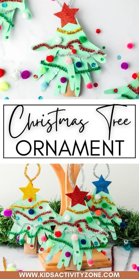 This Handprint Christmas Tree Ornament craft is a fun craft that gets the little ones involved.  You will love how easy this craft is to put together with minimal supplies.  It will be cherished for years to come because of those cute baby hands! Its a great project for preschool classes, homeschool crafts, kindergarten crafts, gifts for grandparents, or just a fun way to get into the holiday spirit with the little ones. Pre K Ornament Ideas, Christmas Crafts For Toddlers Gifts, Christmas Tree Activities For Preschool, 1st Grade Christmas Crafts, Kindergarten Christmas Ornaments, Preschool Ornament Craft, Christmas Ornaments For Preschoolers, Christmas Gifts Preschool, Preschool Ornaments