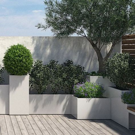 Modern & Luxury Roof Top Patio Garden Designs Get Ideas To Design You Roof Top | Home Decor Ideas Roof Deck Planters, Planter On Deck, Modern Shapes Design, Rooftop Plants Ideas, Planter Boxes Around Deck, Raised Decking Ideas Garden, Garden Pots Ideas Outdoor Planters, Modern Planter Boxes, Planters Around Pool