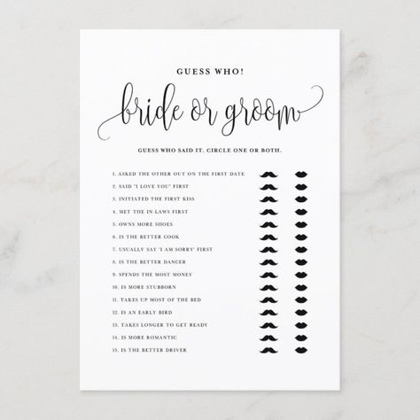 Black Script He Said She Said Bride or Groom Game Enclosure Card | Zazzle.com Bride Or Groom Game, Mind Riddles, Wedding Invitation Message, I Loved You First, He Said She Said, Messages For Friends, Blog Designs, Business Invitation, Wedding Shower Games