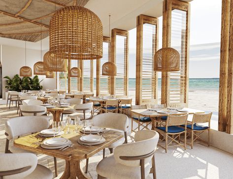 Beach Hotel Restaurant Interior Design, Beach Hotel Restaurant, Seaside Cafe Design, Restaurant Beach Design, Greek Restaurant Design, Beach Restaurant Aesthetic, Restaurant Layout Plan, Mediterranean Restaurant Design, Beach Restaurant Design