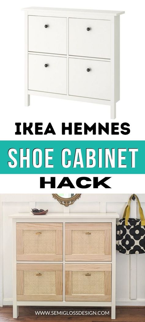 Learn how to add cane to an IKEA Hemnes shoe cabinet. This easy hack is a great way to add interest to the boring cabinet. Ikea Hemnes Shoe Cabinet Hack, Hemnes Shoe Cabinet Hack, Ikea Forhoja, Ikea Hemnes Shoe, Ikea Brusali, Shoe Cabinet Hack, Ikea Hemnes Shoe Cabinet, Cabinet Hack, Hemnes Shoe Cabinet