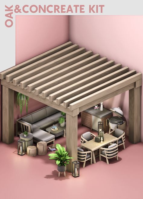 Oak&Concrete Patio Kit! | S-imagination on Patreon Sims 4 Cc Outdoor Kitchen, Sims 4 Astethic, Sims 4 Pack, The Sims 4 Pack, Patio Kits, Cc Packs, Furniture Cc, Die Sims 4, Mod Furniture