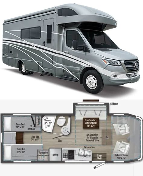 20 Small RV With Twin Beds - SmallRVlifestyle.com Micro Camper Van, Small Rv Campers, Lottery Dreams, Rv Vans, Mini Motorhome, Small Motorhomes, Leisure Travel Vans, Travel Vans, Rv Floor Plans