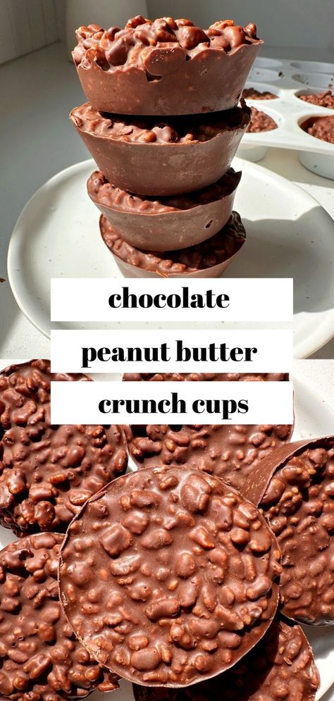 A no-bake dessert perfect for spring and summer time! These Chocolate Peanut Butter Crunch Cups will cure the sweet tooth craving and made with only 3 ingredients. Peanut Butter Crunch Balls, Chocolate Protein Crunch Cups, Pb Recipes, Baking Bars, Random Desserts, Crunch Bars Recipe, Peanut Butter Rice Crispies, Chocolate Rice Crispy, Peanut Butter Rice Krispie Treats