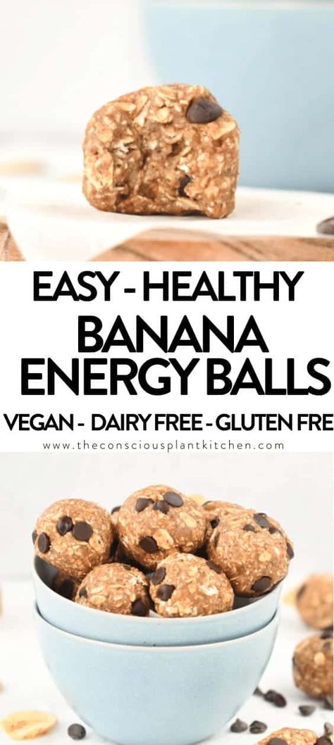 These peanut butter banana energy bites with chocolate chips are healthy breakfast on the go or post work out energy bites to refuel with healthy carbs and plant-based protein. Bonus, these are vegan, refined sugar free and dairy free. Banana Oat Balls, Banana Energy Bites, Banana Energy, Clean Eating Snack Recipes, Energy Bites Healthy, Oatmeal Bites, Banana Snacks, Healthy Breakfast On The Go, Vegan Breakfast Easy