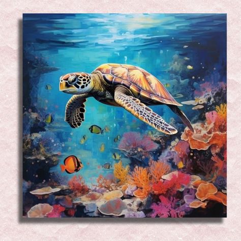 The "Sea Turtle Coral Voyage" mini paint by numbers kit is an engaging way to bring the marvels of marine life into your home, ideal for both beginners and those looking to refine their painting skills. It offers a structured approach to painting, transforming complex images into manageable sections that can be easily painted over time.The centerpiece of this kit is the majestic turtle, gliding effortlessly through a vividly colored coral seascape. Each brush stroke brings this underwater scene Underwater Scene Painting, Sea Animals Painting, Underwater Art Painting, Turtle Painting Acrylic, Marine Life Painting, Coral Painting, Water Turtle, Sea Turtle Painting, Coast House