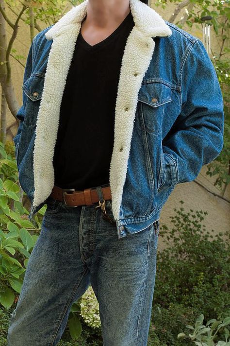 Jean Sherpa Jacket Outfit Mens, Fur Denim Jacket Outfits Men, Levi Trucker Jacket Men Outfit, Men’s Sherpa Jacket Outfit, Fluffy Jacket Outfit Men, Denim Jacket Outfit Mens Aesthetic, Fluffy Denim Jacket Outfit, Men Sherpa Jacket Outfit, Levi’s Sherpa Jacket Outfit