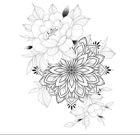 Floral With Mandala Tattoo, Mandala Hip Tattoo Design, Mandala Line Drawing, Flowers With Mandala Tattoo, Floral Tattoo Design Hip, Hip Mandala Tattoo, Mandala And Flower Tattoo Design, Above The Knee Flower Tattoo, Mandala And Floral Tattoo