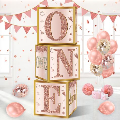 PRICES MAY VARY. [You Will Get] -3 Pcs pink rose gold 1st birthday balloon boxes, 11.8 inches cube, enough to decorate the 1st birthday party, Make great memories for you and your family! (Note: This set does not include balloons) [Miss Onederful] - The 1st birthday cardboard box is dominated by romantic pink rose gold, The bright diamonds "ONE" "1" and rose gold glitter "ONE" high-lighted the first bday party. Cake, gift box and other party patterns add more joy and sweet to your party. [Widely Onderful Girl Birthday Decor, Onederful Birthday Party Girl, Boxes Decoration, 15th Birthday Decorations, 30th Birthday Balloons, Birthday Boxes, 40th Birthday Balloons, 50th Birthday Balloons, 90th Birthday Decorations