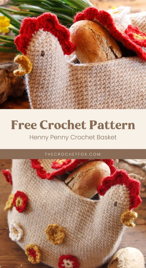 Cute Crochet Basket Pattern Free, Hanging Flower Crochet Pattern Free, Crochet Chicken Hot Pad, Crochet Vegetable Basket, Crochet Chicken Bag Pattern Free, Free Crochet Pattern Home Decor, House Crochet Ideas, Free Crochet Patterns Basket, Crochet Animal Baskets Free Patterns