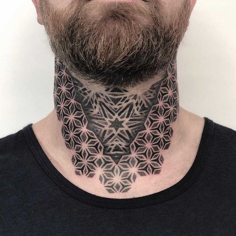 Neck mandala tattoo by Tamara Lee Geometric Throat Tattoo, Mandala Tattoo Neck, Geometric Tattoo Neck, Geometric Tattoo Back, Mandala Tattoo Back, Front Neck Tattoo, Mandala Tattoo Designs, Small Mandala Tattoo, Small Mandala