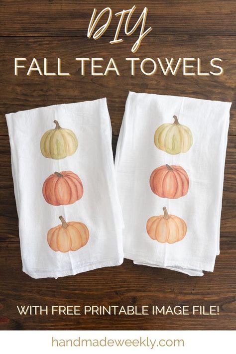 Add some DIY fall décor to your home by making your own fall tea towels. Simply print the free image file onto transfer paper and then iron on to flour sack towels. Each towel will cost less than $2.00 in materials! The hand painted design features three watercolor pumpkins in complimentary colors. Download the image file for free from handmadeweekly.com. Flour Sack Towels Crafts, Fall Tea Towels, Fall Tea, Tea Towels Diy, Fathersday Crafts, Autumn Tea, Towel Crafts, Watercolor Pumpkins, Diy Pumpkin