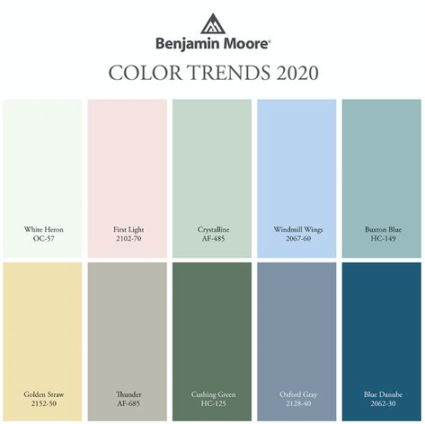 The Benjamin Moore Color Trends 2020 palette features ten versatile, spirited hues, including the Color of the Year 2020, First Light 2102-70. The colors can shine on their own or come together to create uniquely modern harmonies. #ColorTrends2020 #BenjaminMoore Perete Accent, Benjamin Moore Gray, Trending Paint Colors, Popular Paint Colors, Neutral Paint Colors, Benjamin Moore Colors, Benjamin Moore Paint, Neutral Paint, Lounge Decor