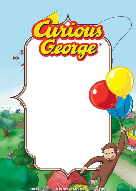 Curious George Birthday Invitations Free, Curious George Birthday Party Invitation, Curious George Cartoon, Curious George Invitations, Man In The Yellow Hat, Curious George Birthday Party, Curious George Party, Curious George Birthday, Birthday Photo Shoot