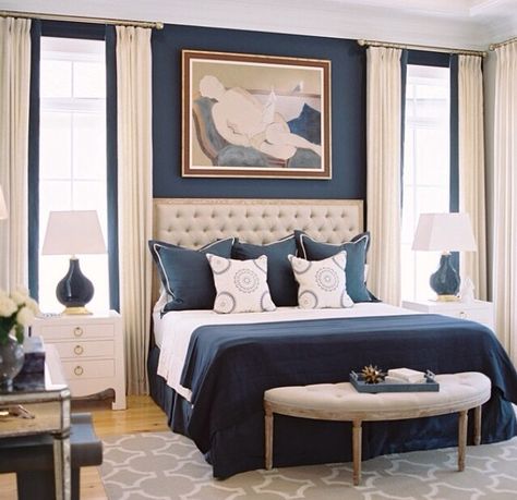 Navy blue and beige .. Lovely color combo for a bedroom Traditional Bedrooms, Traditional Bedroom Design, Bedroom Board, Navy Bedrooms, Transitional Decor Bedroom, Blue Bedroom Decor, Traditional Bedroom Decor, Traditional Bedroom, Blue Home Decor