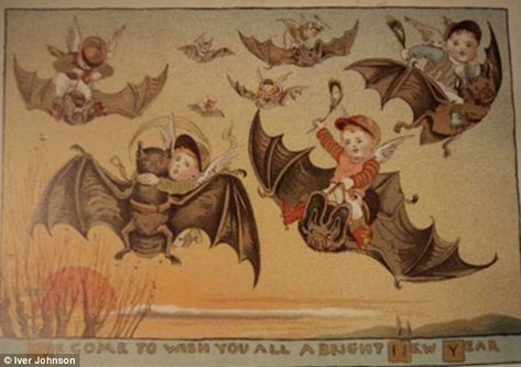 Children riding bats: An unusual choice for a Christmas image Victorian Christmas Cards, Flying Bats, Ghost Of Christmas Past, Weird Vintage, Creepy Christmas, Christmas Ad, New Year Greeting Cards, Halloween Vintage, Arte Inspo