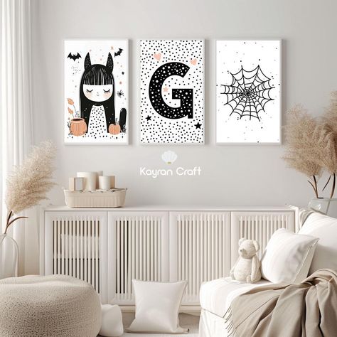 Welcome to KayranCraft 😊 This artwork is a digital product for INSTANT DOWNLOAD. No physical product will be shipped. * Reference: NRS - Letter Set - 02 *  Letter A Print, Personalized Modern Nursery Art, Custom Girl's Room Decor, customizable wall decor, Custom Girl Baby Shower Gift, Initial Nursery Decor, nursery decor girl, nursery name sign, Halloween Bundle Nursery Wall Art Printable Add a personalized spooky touch to your nursery or toddler's room with this Halloween-themed art print. Fea Girl Nursery Name Sign, Halloween Nursery, Modern Nursery Art, Vampire Girl, Nursery Wall Art Printable, Cute Decor, Spooky Cute, Baby Girl Shower Gifts, Nursery Name