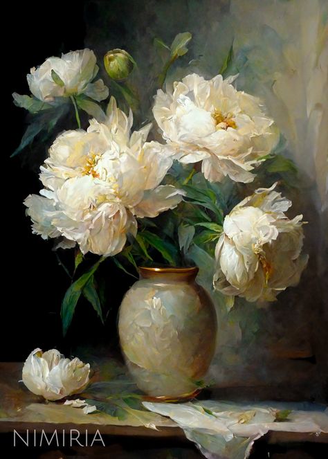 Peonies Still Life, Oil Painting Peonies, Floral Still Life Paintings, Still Life Oil Painting Flowers, Flower Oil Paintings, Peony Oil Painting, Flower Vase Painting, Peonies Art, Painting Peony