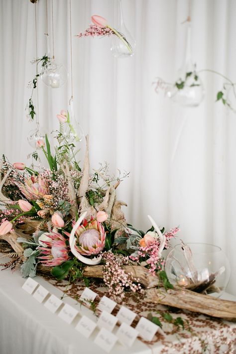 Antlers and king protea | Kristyn Hogan Photography | see more on: http://burnettsboards.com/2014/09/rustic-refined-driftwood-wedding-inspiration/ Driftwood Wedding, Protea Wedding, Big Wedding Cakes, Beach Wedding Centerpieces, Fleur Design, Beach Wedding Decorations, Wedding Day Inspiration, Black Book, Desert Wedding