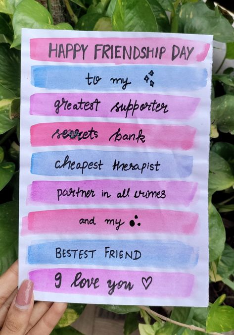 Friendship day card handmade Friendship Day Cards Quotes, Friendship Notes Bff, Diy Gift For Friendship Day, Handmade Friendship Day Gifts, Happy Friendship Day Asthetics, Friendship Day Gift For Best Friend, Bday Notes For Best Friend, Friendship Day Handmade Cards, Best Friend Notes Ideas