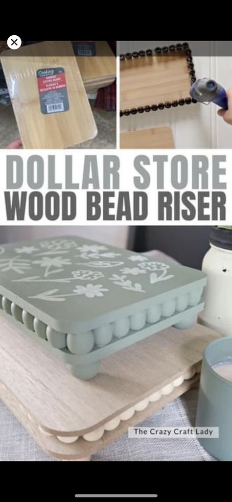 Wood Stuff To Sell, Table Risers Diy Ideas Decorative Trays, Diy Crafts Using Wooden Beads, Wood And Beads Crafts, Diy Dollar Tree Riser, How To Use Risers In Decor, Crafts Wood Ideas, How To Decorate With Risers, Dollar Tree Stencil Crafts