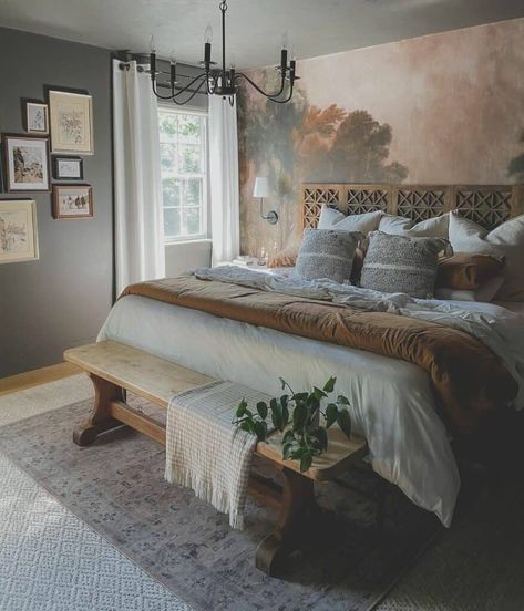 24 Striking Moody Bedrooms to Darken Your Aesthetic Accent Wall Bedroom Ideas, Wall Bedroom Ideas, Moody Bedrooms, Bedroom Accent Wall Ideas, Bedroom Dresser Styling, Moody Farmhouse, Dresser Styling, Bedroom Accent Wall, Bedroom Mural