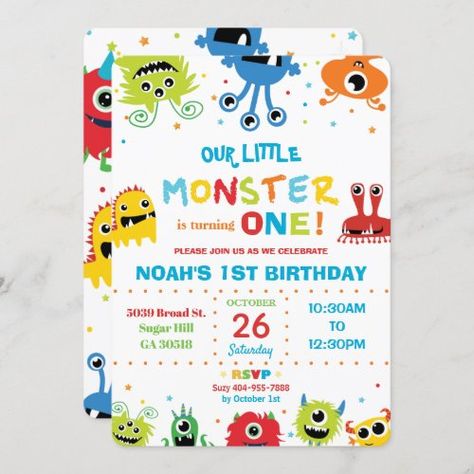 $3.09 | Vibrant Cute Little Monsters Boy 1st Birthday #1st birthday party invite, vibrant colorful, primary colors, red blue yellow green orange, monster bash, first birthday, boy birthday party, monster invite, cute little monsters, our little monster turning one 1st Birthday Boy Themes, Monster First Birthday, Orange Monster, Monster Invitations, Monster 1st Birthdays, First Birthday Boy, Party Monster, Monster Boy, Monster Birthday Parties