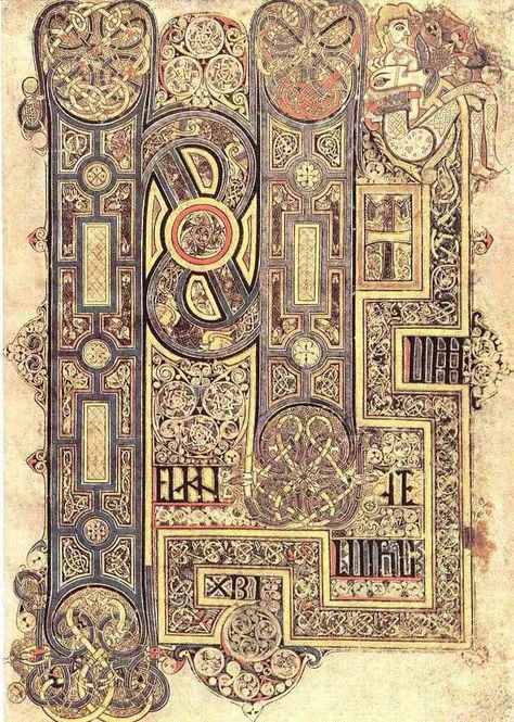 From the book of Mark from the book of Kells medieval illuminated ... Illustrated Manuscript, Book Of Kells, Celtic Patterns, Book Of Hours, Celtic Knotwork, Medieval Manuscript, Viking Art, Principles Of Design, Illuminated Letters