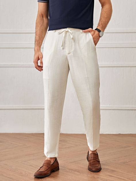 White Casual   Polyester Plain Tapered/Carrot Embellished Non-Stretch Spring/Summer/Fall Men Bottoms Linen Pants Outfit Men, Mens Linen Outfits, White Pants Men, White Linen Trousers, Linen Pants Outfit, White Pants Outfit, Shein Men, Casual Linen Pants, Mens Linen Pants