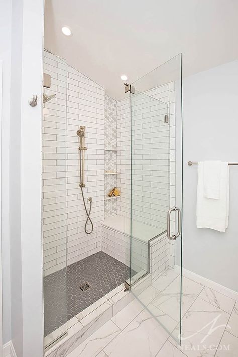 Standard Size Walk In Shower, Mcm Bathroom, Tile Walk In Shower, Walk In Showers, Master Bath Shower, Full Bathroom Remodel, Bathroom Shower Walls, Bathroom Redesign, Bathroom Shower Tile