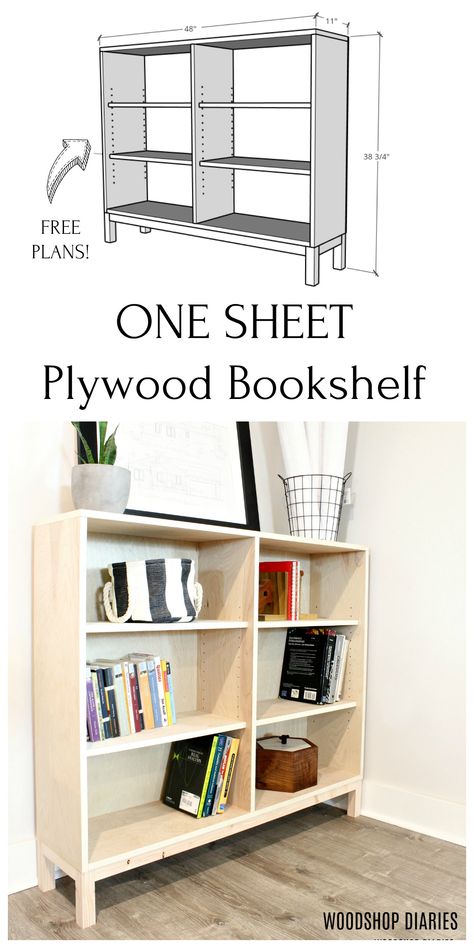 Build this EASY one sheet plywood bookshelf with these free plans!  Such a simple build and with adjustable shelves, your options are endless.  Perfect for a kid's bedroom, playroom, or even a home office.  Display your favorite books, trinkets, trophies, and decor on this one sheet plywood bookshelf. Plywood Bookshelf, Diy Bookshelf Plans, Bookshelf Diy, Simple Bookshelf, Free Building Plans, Plywood Projects, Bookshelf Plans, Plywood Shelves, Bookshelf Design