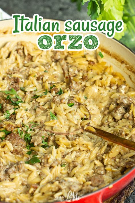 One Pot Italian Sausage Orzo Orzo With Sausage Recipes, Easy Dinner Italian Sausage, One Pot Sausage Orzo, Italian Sausage Grill Recipes, Beef Italian Sausage Recipes, Ground Sausage Orzo Recipes, Recipes With Ground Italian Sausage Easy, Simple Dinner Recipes Sausage, Orzo Italian Sausage