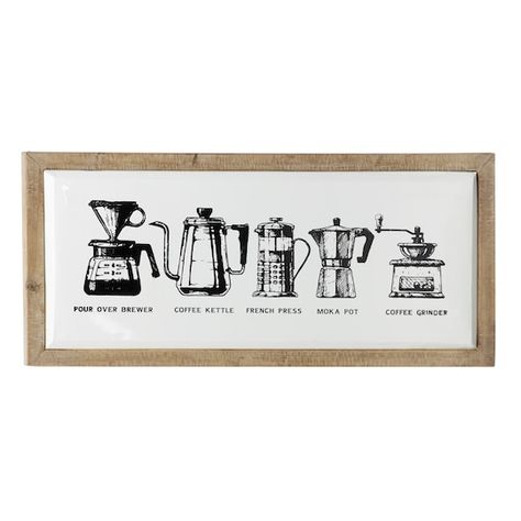 Buy White Vintage Coffee Sign Wood Wall Décor at Michaels. com. This hip coffee wall art makes a great touch in boho and vintage inspired apartments and homes. Depicting the various brew techniques, this coffee sign illustrates pour-over, kettle, French press, mocha, and a coffee grinder. This hip coffee wall art makes a great touch in boho and vintage inspired apartments and homes. Depicting the various brew techniques, this coffee sign illustrates pour-over, kettle, French press, mocha, and a Vintage Coffee Signs, Bar Deco, Types Of Coffee, Coffee Wall Decor, Interior Signs, Coffee Wall, Coffee Wall Art, Iron Wall Decor, Coffee Makers