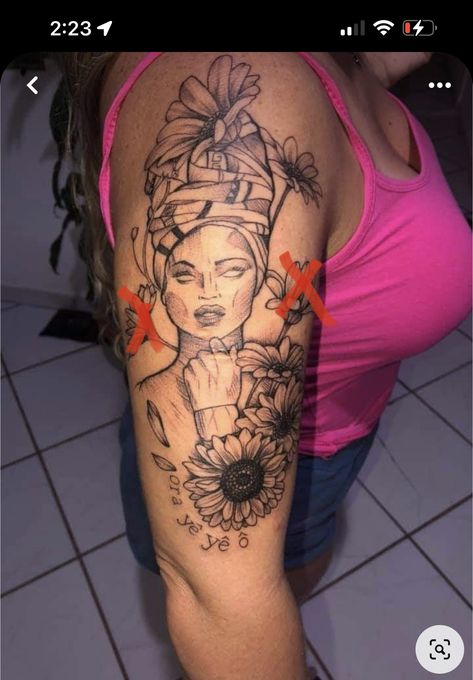 Oshun Tattoo Ideas, Hoodoo Tattoo, African Woman Tattoo, African Queen Tattoo Goddesses, Oshun Tattoo, Afrocentric Tattoos For Women, Black Goddess Tattoo, African Queen Tattoo, Cool Animal Tattoos